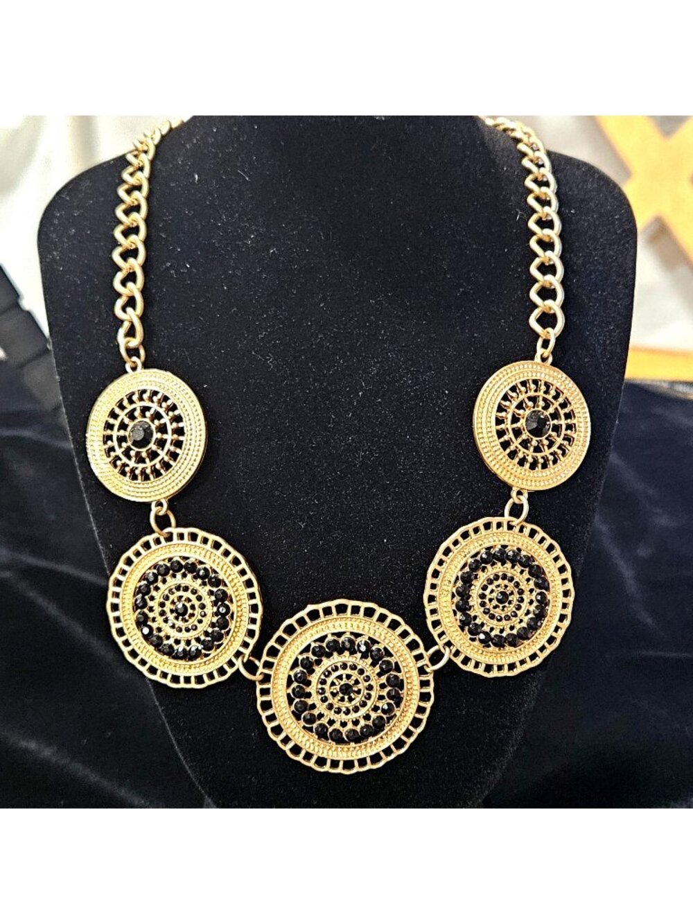 Gold tone Black stones Statement Bib chain Necklace Circular Medallions